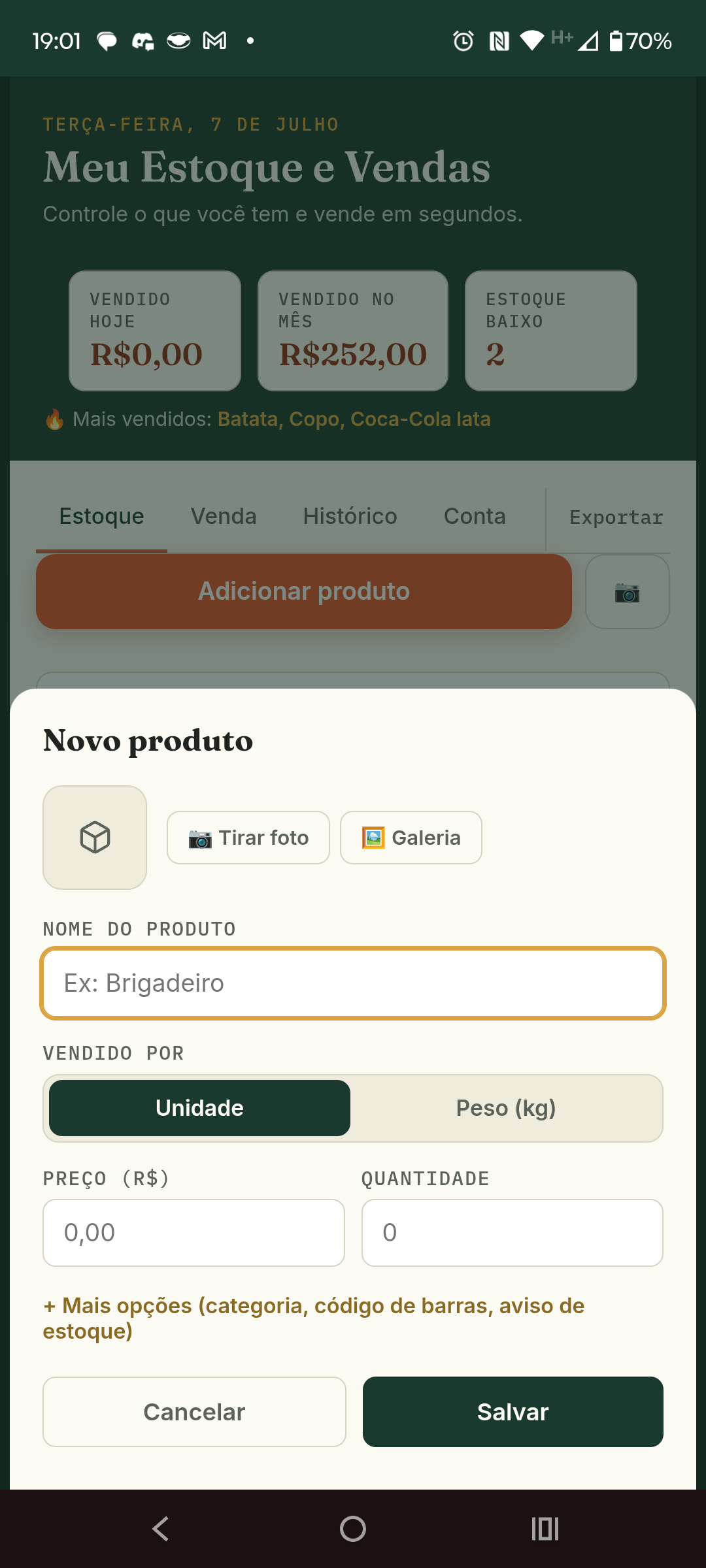 Tela de cadastro de produto do MEV no celular, com preço, quantidade e informações avançadas